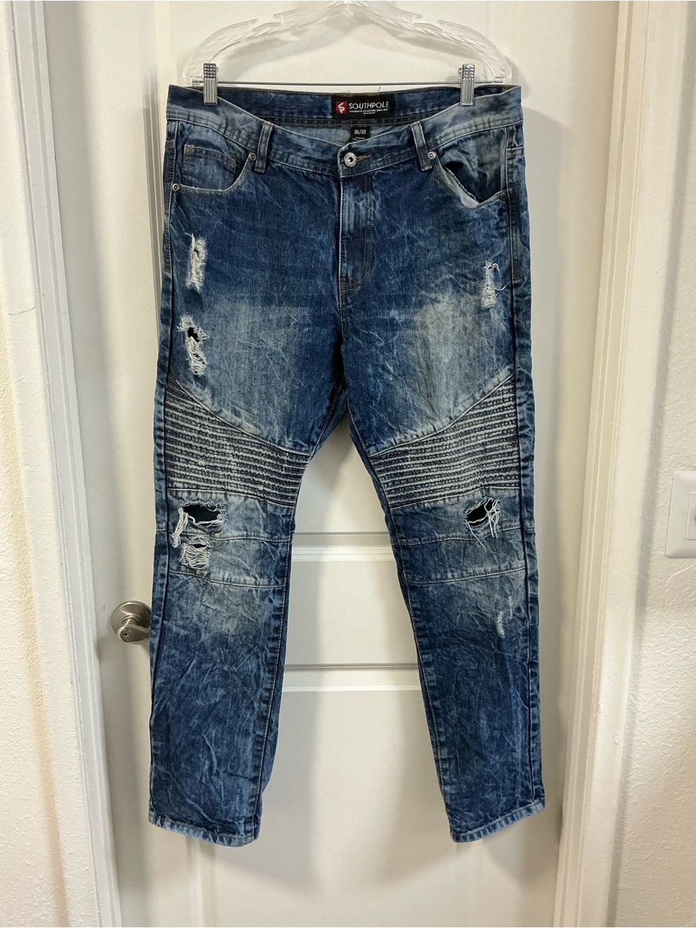 Southpole Men’s 36x32 Moto Biker Jeans Distressed Acid Wash Ribbed Knee Blue